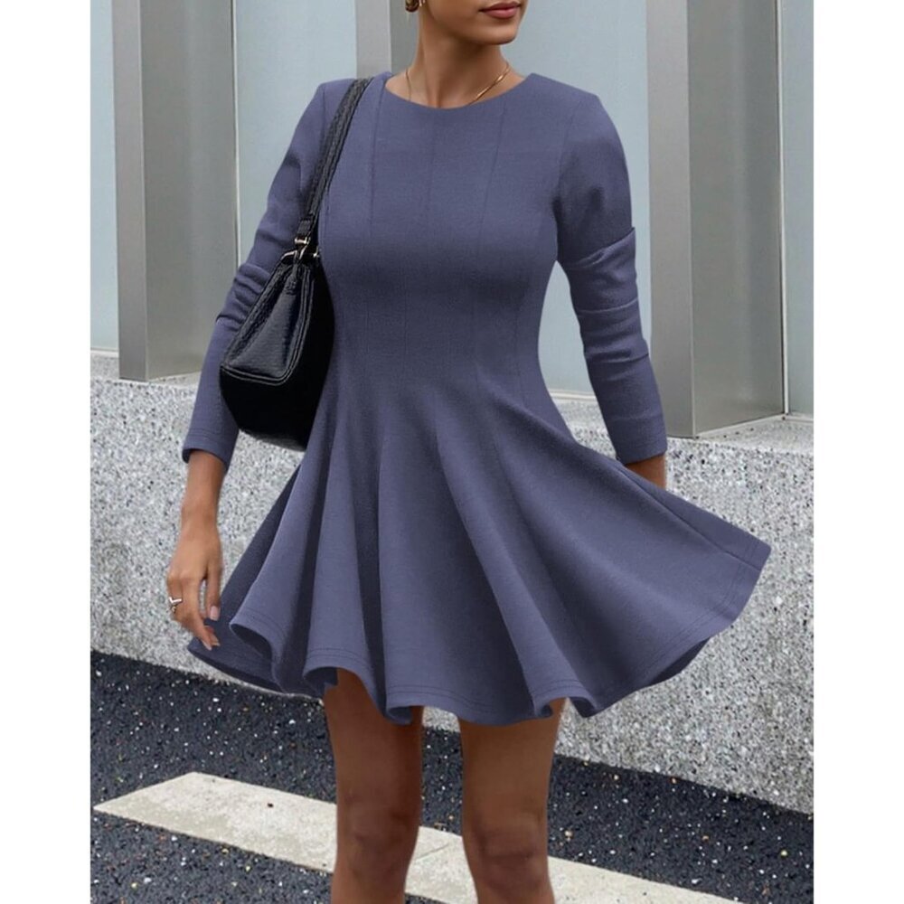 Women Grey Blue High Waist Pleated Flowy A Line Long Sleeve Casual Fall Dress - Picture 5 of 5